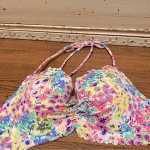 Victorias Secret Push Up Bikini Top Size 32B White Floral Metallic Ruffle Halter